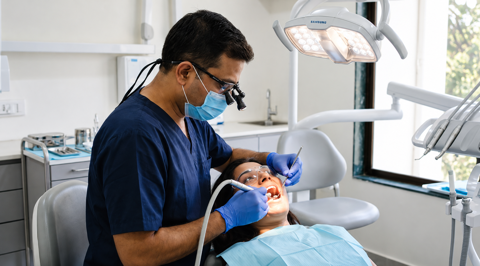 Dentist wearing magnifying loupes and gloves examining a patient at Glee Dental.