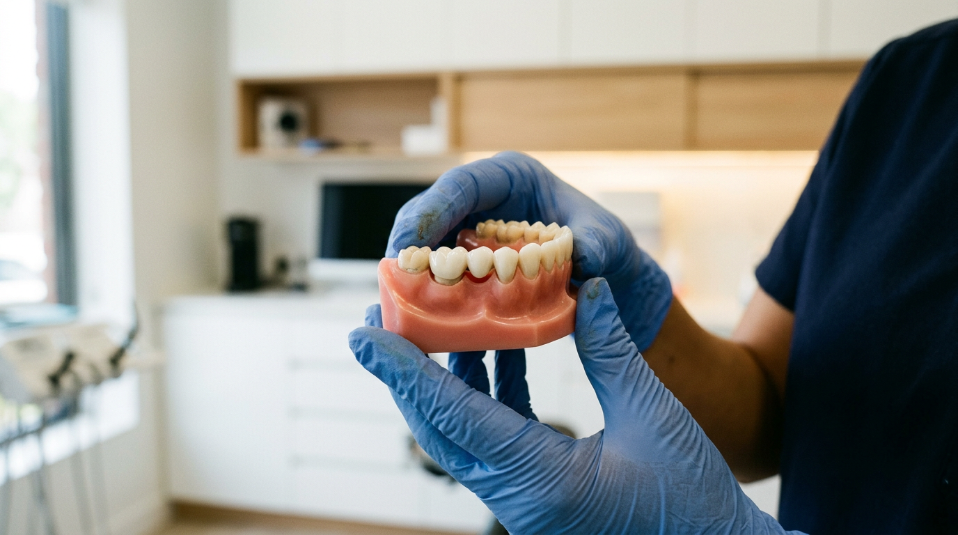 Dental clinician holding a dental bridge model demonstrating three-unit restoration spanning a gap.