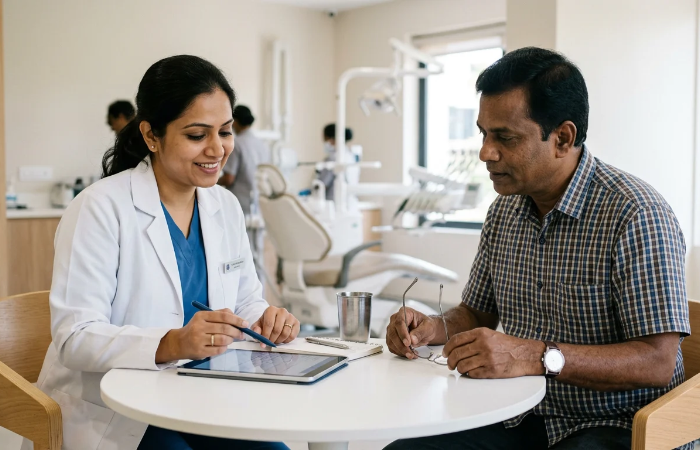 Dr. Kiruthika Koteeswaran consulting with a patient about tooth replacement options at Glee Dental.