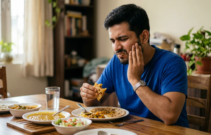 Man experiencing tooth pain while eating a meal